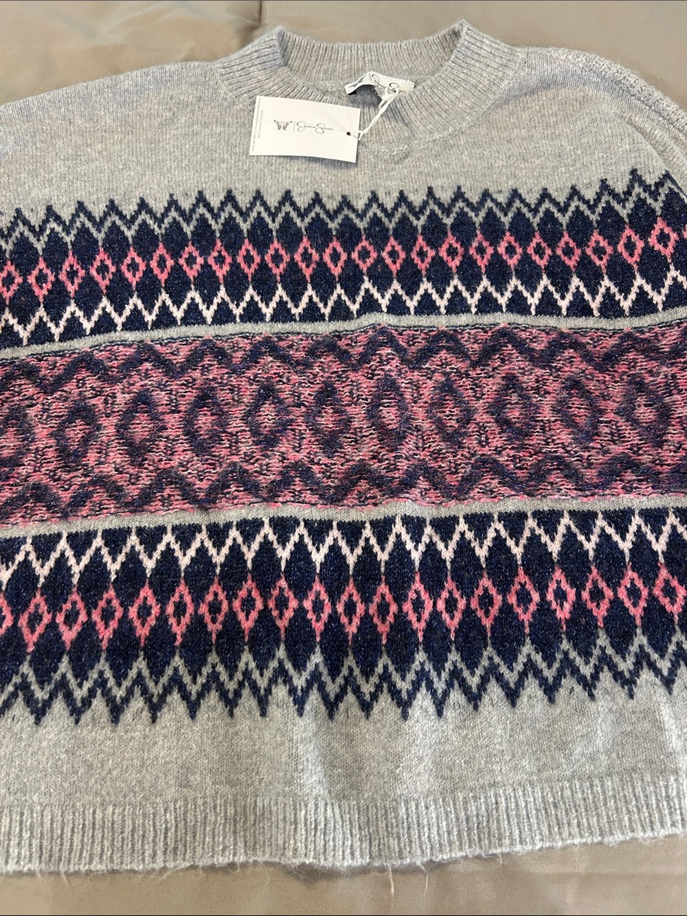 Jessica Simpson Gray Crewneck Sweater with Pink & Navy Fair Isle